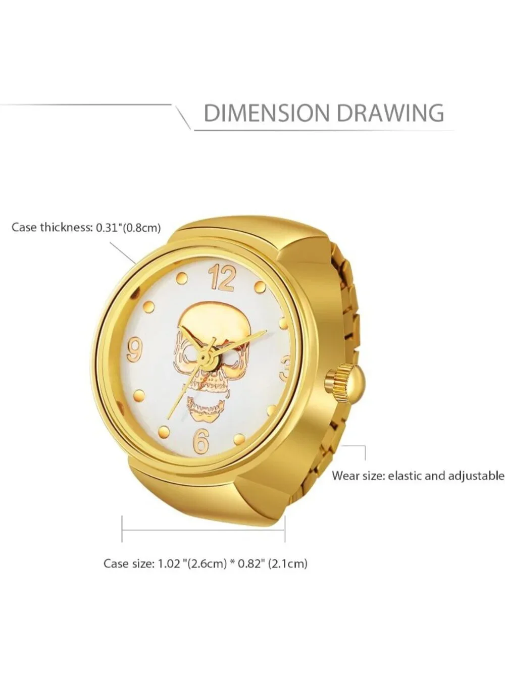 Unisex Gold Analog Quartz Plated Elastic Skull Simple Round Finger Ring Watch